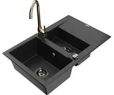 Granitinė virtuvinė plautuvė Mexen Gaspar su maišytuvu ir sifonu, Metallic juodas/auksinis+Gold