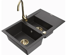 Granitinė virtuvinė plautuvė Mexen Gaspar su maišytuvu ir sifonu, Juodas granite+Gold