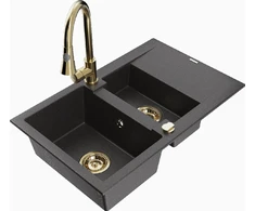 Granitinė virtuvinė plautuvė Mexen Gaspar su maišytuvu ir sifonu, Juodas granite+Gold