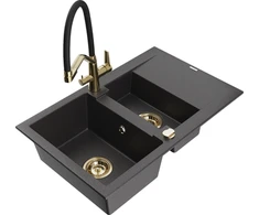 Granitinė virtuvinė plautuvė Mexen Gaspar su maišytuvu ir sifonu, Juodas granite+Juodas/Gold