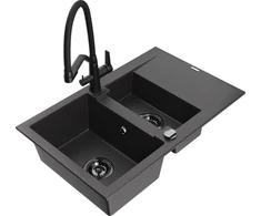 Granitinė virtuvinė plautuvė Mexen Gaspar su maišytuvu ir sifonu, Juodas granite+Juodas