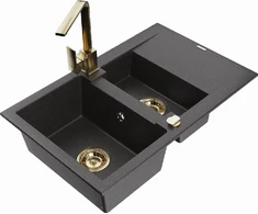 Granitinė virtuvinė plautuvė Mexen Gaspar su maišytuvu ir sifonu, Juodas granite+Gold