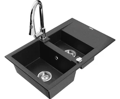 Granitinė virtuvinė plautuvė Mexen Gaspar su maišytuvu ir sifonu, Metallic juodas/sidabrinis+Chrome