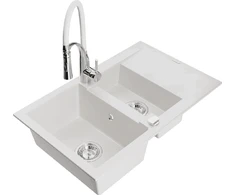 Granitinė virtuvinė plautuvė Mexen Gaspar su maišytuvu ir sifonu, Baltas+Baltas/Chrome