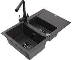 Granitinė virtuvinė plautuvė Mexen Gaspar su maišytuvu ir sifonu, Juodas granite+Juodas