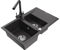Granitinė virtuvinė plautuvė Mexen Gaspar su maišytuvu ir sifonu, Juodas granite
