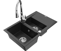 Granitinė virtuvinė plautuvė Mexen Gaspar su maišytuvu ir sifonu, Metallic juodas/sidabrinis+Chrome