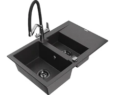 Granitinė virtuvinė plautuvė Mexen Gaspar su maišytuvu ir sifonu, Juodas granite+Juodas/Chrome