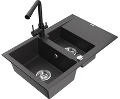 Granitinė virtuvinė plautuvė Mexen Gaspar su maišytuvu ir sifonu, Juodas granite+Juodas
