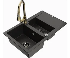 Granitinė virtuvinė plautuvė Mexen Gaspar su maišytuvu ir sifonu, Metallic juodas/auksinis+Gold