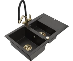 Granitinė virtuvinė plautuvė Mexen Gaspar su maišytuvu ir sifonu, Metallic juodas/auksinis+Juodas/Gold