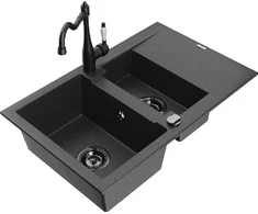 Granitinė virtuvinė plautuvė Mexen Gaspar su maišytuvu ir sifonu, Juodas granite+Juodas