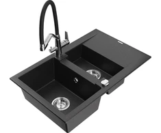 Granitinė virtuvinė plautuvė Mexen Gaspar su maišytuvu ir sifonu, Metallic juodas/sidabrinis+Juodas/Chrome