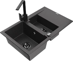 Granitinė virtuvinė plautuvė Mexen Gaspar su maišytuvu ir sifonu, Juodas granite+Juodas