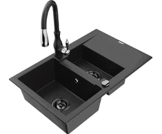 Granitinė virtuvinė plautuvė Mexen Gaspar su maišytuvu ir sifonu, Metallic juodas/sidabrinis+Juodas