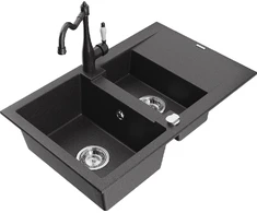 Granitinė virtuvinė plautuvė Mexen Gaspar su maišytuvu ir sifonu, Juodas granite