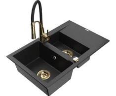 Granitinė virtuvinė plautuvė Mexen Gaspar su maišytuvu ir sifonu, Metallic juodas/sidabrinis+Juodas/Gold