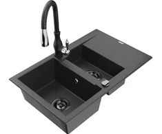 Granitinė virtuvinė plautuvė Mexen Gaspar su maišytuvu ir sifonu, Juodas granite+Juodas