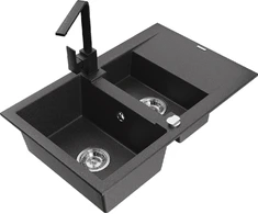 Granitinė virtuvinė plautuvė Mexen Gaspar su maišytuvu ir sifonu, Juodas granite+Juodas