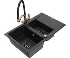 Granitinė virtuvinė plautuvė Mexen Gaspar su maišytuvu ir sifonu, Metallic juodas/auksinis+Juodas/Gold
