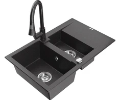 Granitinė virtuvinė plautuvė Mexen Gaspar su maišytuvu ir sifonu, Juodas granite