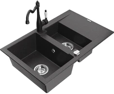 Granitinė virtuvinė plautuvė Mexen Gaspar su maišytuvu ir sifonu, Juodas granite+Juodas