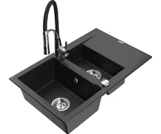 Granitinė virtuvinė plautuvė Mexen Gaspar su maišytuvu ir sifonu, Metallic juodas/sidabrinis+Juodas/Chrome