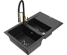 Granitinė virtuvinė plautuvė Mexen Gaspar su maišytuvu ir sifonu, Metallic juodas/sidabrinis+Juodas/Gold