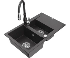 Granitinė virtuvinė plautuvė Mexen Gaspar su maišytuvu ir sifonu, Juodas granite