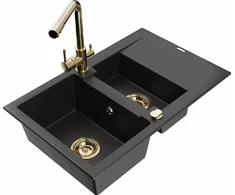 Granitinė virtuvinė plautuvė Mexen Gaspar su maišytuvu ir sifonu, Metallic juodas/auksinis+Gold
