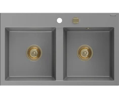 Granitinė virtuvinė plautuvė Mexen Hektor su sifonu, Pilkas+Gold, 800 x 480 mm