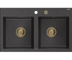 Granitinė virtuvinė plautuvė Mexen Hektor su sifonu, Juodas granite+Gold, 800 x 480 mm