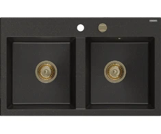 Granitinė virtuvinė plautuvė Mexen Hektor su sifonu, Metallic juodas/auksinis+Gold, 800 x 480 mm