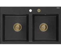 Granitinė virtuvinė plautuvė Mexen Hektor su sifonu, Metallic juodas/sidabrinis+Gold, 800 x 480 mm