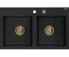 Granitinė virtuvinė plautuvė Mexen Hektor su sifonu, Juodas+Gold, 800 x 480 mm