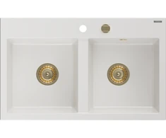 Granitinė virtuvinė plautuvė Mexen Hektor su sifonu, Baltas+Gold, 800 x 480 mm