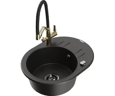Granitinė virtuvinė plautuvė Mexen Kevin su maišytuvu ir sifonu, Metallic juodas/auksinis+Juodas/Gold