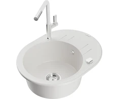 Granitinė virtuvinė plautuvė Mexen Kevin su maišytuvu ir sifonu, Baltas+Baltas/Chrome