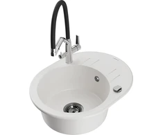 Granitinė virtuvinė plautuvė Mexen Kevin su maišytuvu ir sifonu, Baltas+Juodas/Chrome
