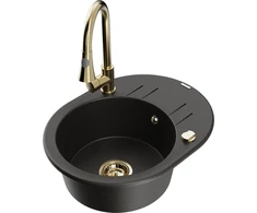 Granitinė virtuvinė plautuvė Mexen Kevin su maišytuvu ir sifonu, Metallic juodas/auksinis+Gold