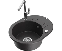 Granitinė virtuvinė plautuvė Mexen Kevin su maišytuvu ir sifonu, Juodas granite+Chrome