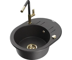 Granitinė virtuvinė plautuvė Mexen Kevin su maišytuvu ir sifonu, Juodas granite+Juodas granite/Gold