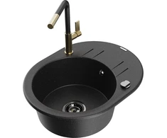 Granitinė virtuvinė plautuvė Mexen Kevin su maišytuvu ir sifonu, Metallic juodas/sidabrinis+Juodas/Gold