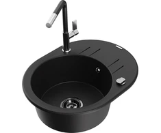 Granitinė virtuvinė plautuvė Mexen Kevin su maišytuvu ir sifonu, Juodas+Juodas/Chrome