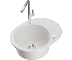 Granitinė virtuvinė plautuvė Mexen Kevin su maišytuvu ir sifonu, Baltas+Pilkas/Chrome