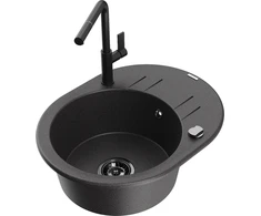 Granitinė virtuvinė plautuvė Mexen Kevin su maišytuvu ir sifonu, Juodas granite+Juodas