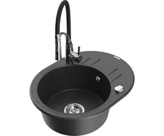 Granitinė virtuvinė plautuvė Mexen Kevin su maišytuvu ir sifonu, Juodas granite+Juodas/Chrome