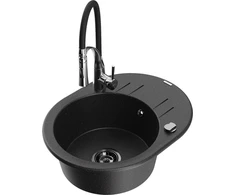Granitinė virtuvinė plautuvė Mexen Kevin su maišytuvu ir sifonu, Metallic juodas/sidabrinis+Juodas/Chrome