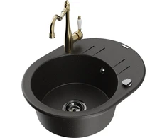 Granitinė virtuvinė plautuvė Mexen Kevin su maišytuvu ir sifonu, Metallic juodas/auksinis+Gold