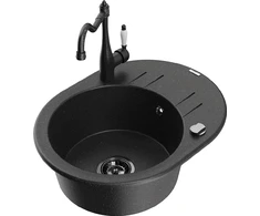 Granitinė virtuvinė plautuvė Mexen Kevin su maišytuvu ir sifonu, Metallic juodas/sidabrinis+Juodas